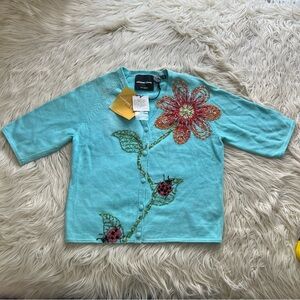 Michael Simon Vintage Ladybug Flower Embroidered Beaded Cardigan Sweater Blue S